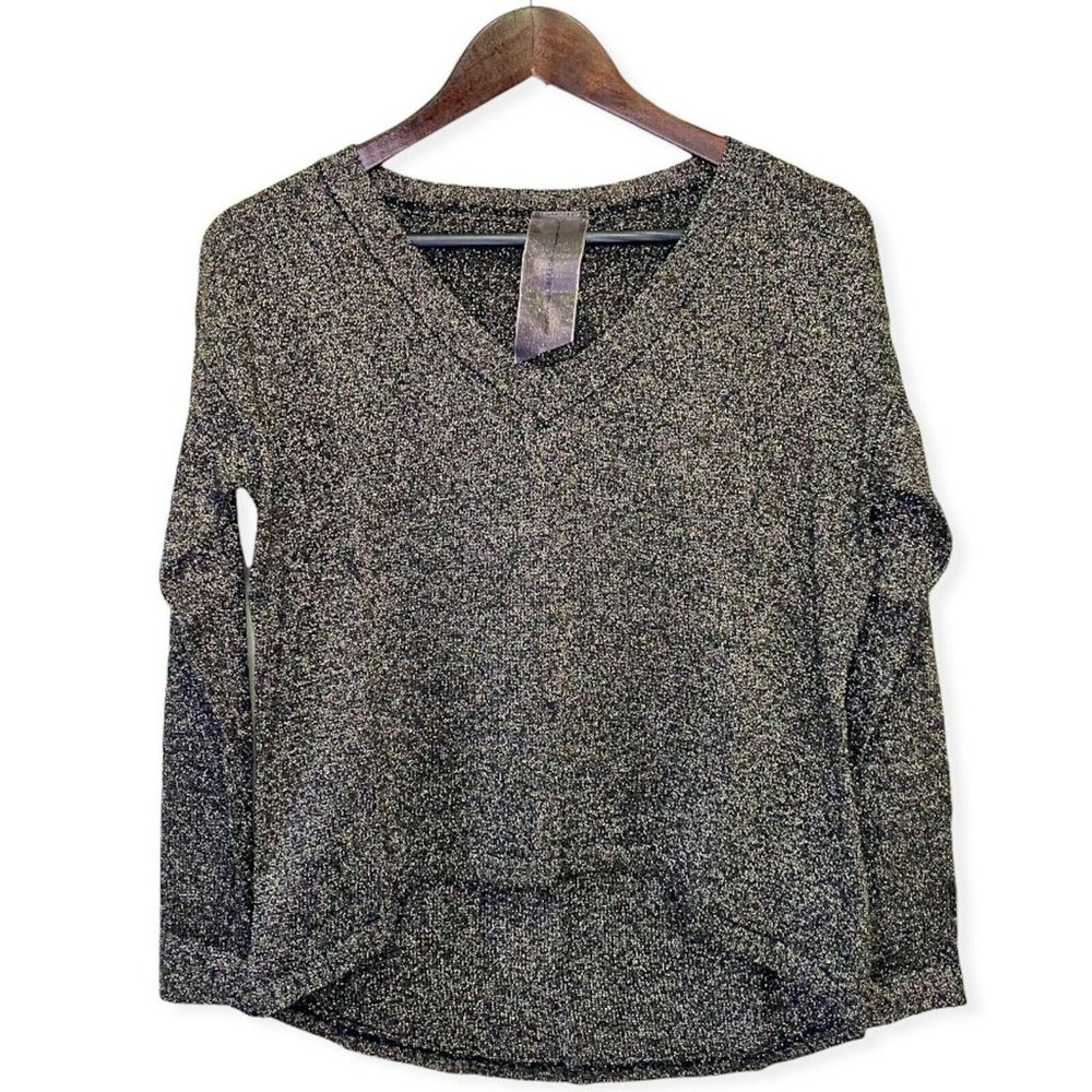 Moon Collection Women's Size S Shimmer V-Neck Hi-Low Sweater Metallic Black Gold